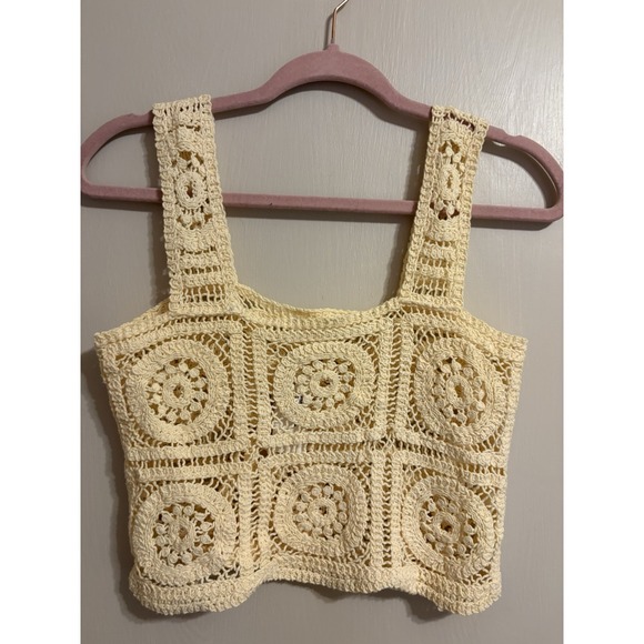 Full Tilt Tops - Tilly’s Crochet Cotton Cropped Tank Top cream Sleeveless Wide Strap Size L